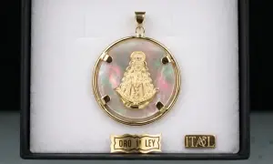 Colgante de oro con la Virgen del Rocío sobre nácar iridiscente. Un detalle de fe y elegancia.