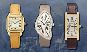 Tres relojes Cartier, uno dorado con correa de cuero marrón, otro con diamantes y correa beige, y un tercero rectangular dorado con correa de cuero marrón. El **Cartier origen** de la elegancia.