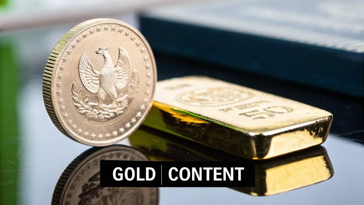 Moneda de 50 pesos mexicanos oro 1945 junto a un lingote de oro.