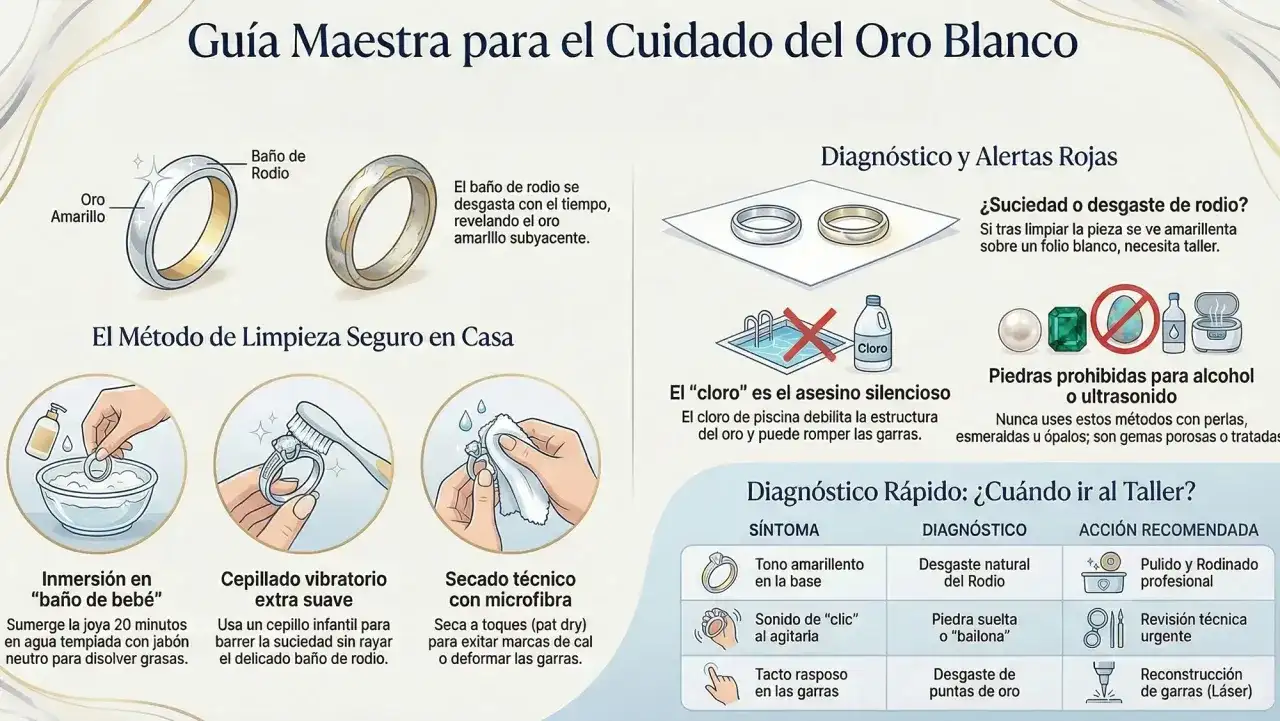 Guía para limpiar oro blanco: sumergir en agua jabonosa, cepillar suavemente y secar con microfibra. Evita el cloro.