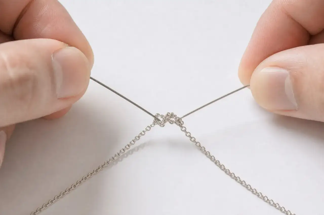 Manos sujetando un fino hilo metálico para desenredar una cadena de plata enredada.