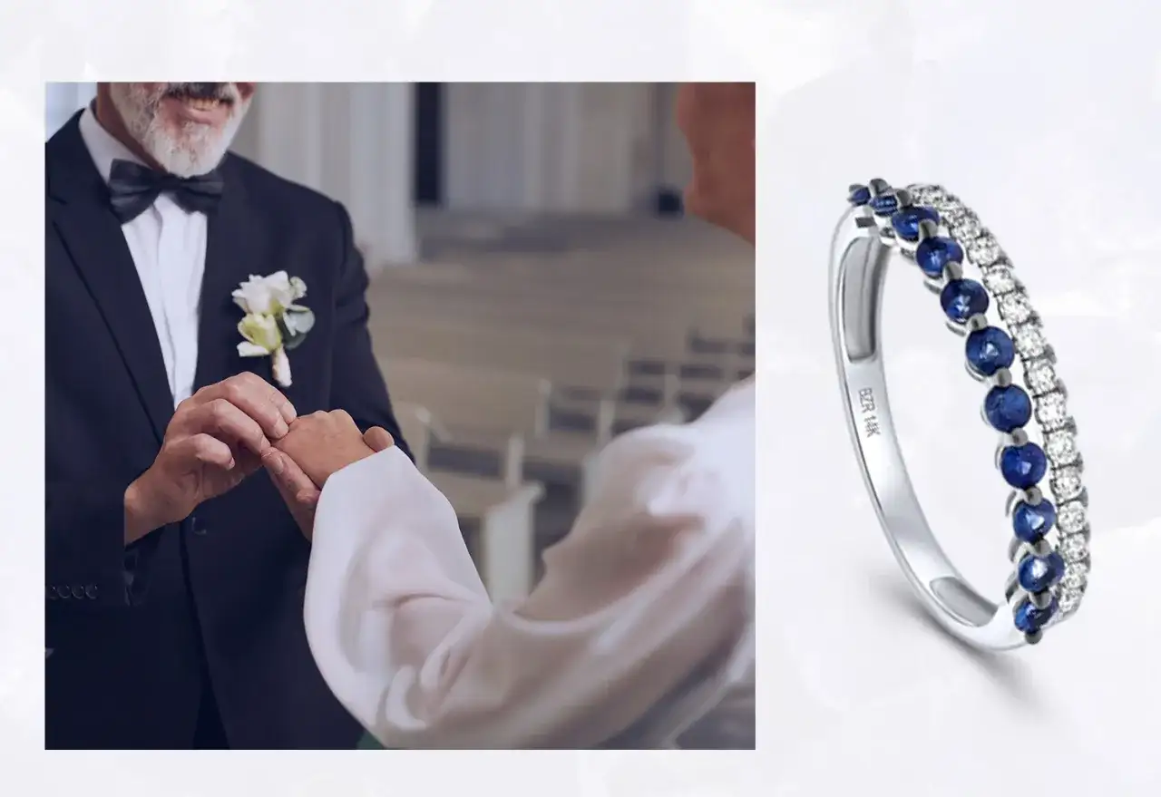 Un hombre pone un anillo a su pareja, simbolizando los 45 años de casados y un amor que perdura.