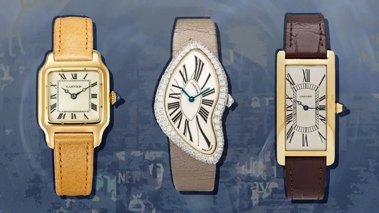 Tres relojes Cartier, uno dorado con correa de cuero marrón, otro con diamantes y correa beige, y un tercero rectangular dorado con correa de cuero marrón. El **Cartier origen** de la elegancia.