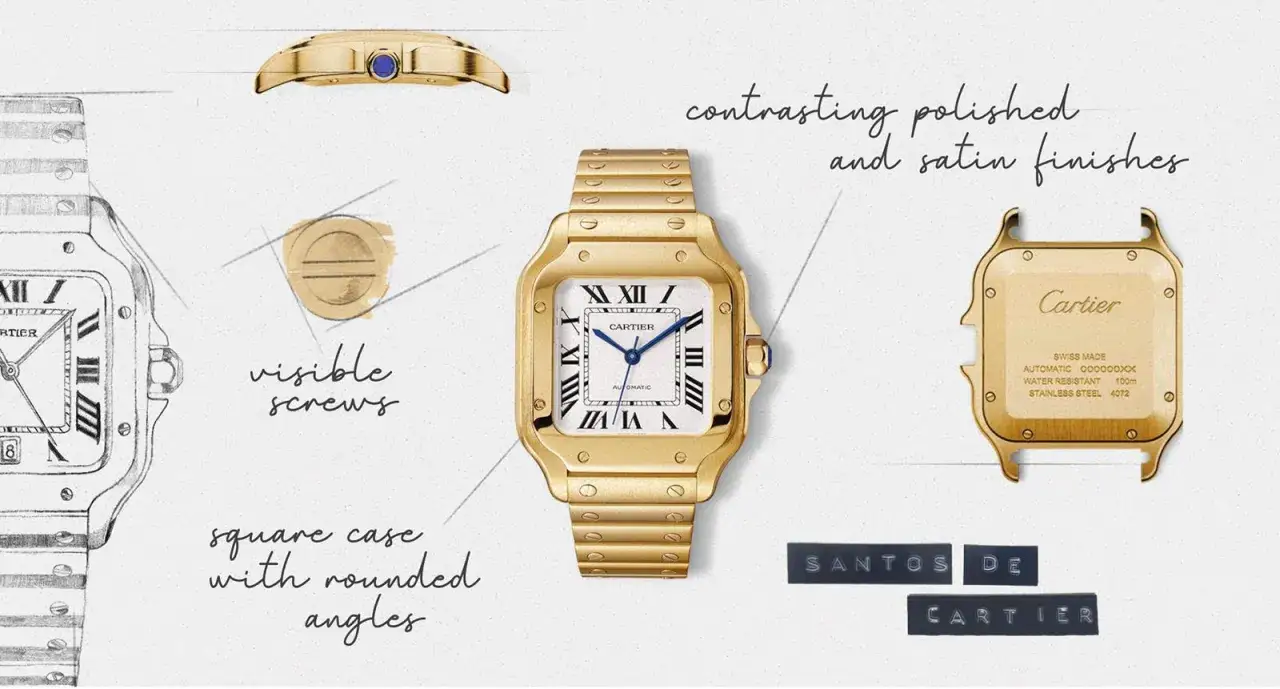 El origen del Cartier Santos: un reloj de oro con caja cuadrada, tornillos visibles y acabados pulidos y satinados.