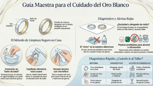 Guía para limpiar oro blanco: sumergir en agua jabonosa, cepillar suavemente y secar con microfibra. Evita el cloro.