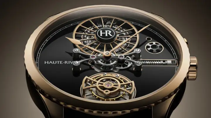 Reloj Haute-Rive con intrincado mecanismo visible y indicador de reserva de marcha.
